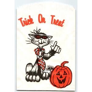 Halloween Vintage Trick Or Treat Goodie Bag Black Cat Dressed In Tie JOL Pumpkin